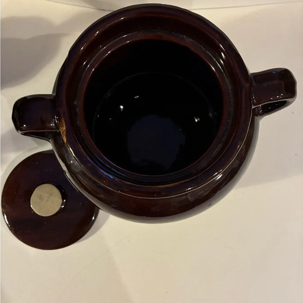 USA Pottery VTG Brown Glaze Bean Pot W/ Lid  Ceramic Soup Tureen Loop Handles